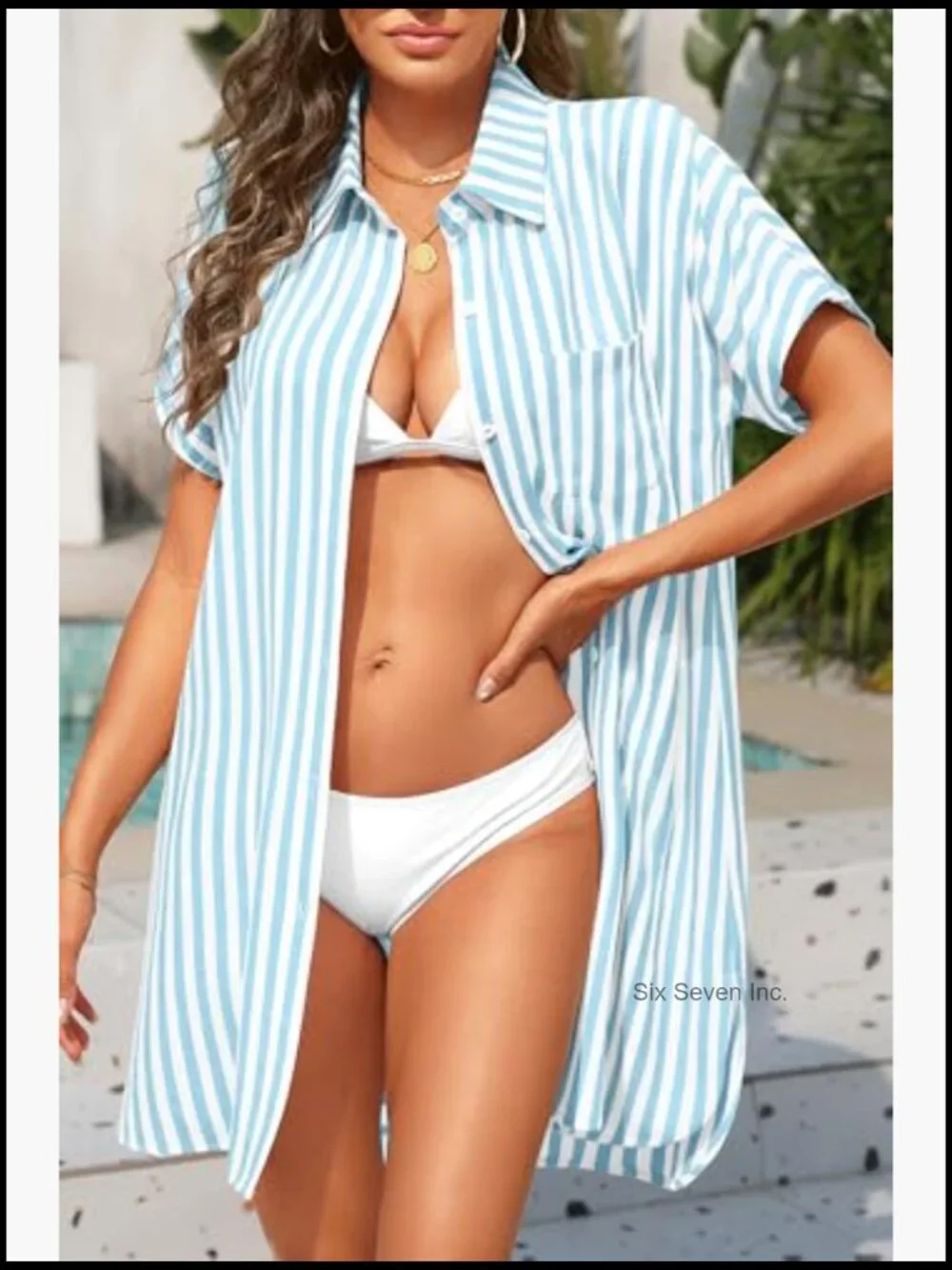 Button Down Swimsuit Cover Up Striped Beach Dress Short Sleeve Lyocell Cotton - Picture 3 of 7